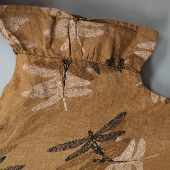 Elana Baldi 100% Linen Blouse Dragonfly Top Ruffle Sleeve Italy Tan Large - Picture 2 of 7